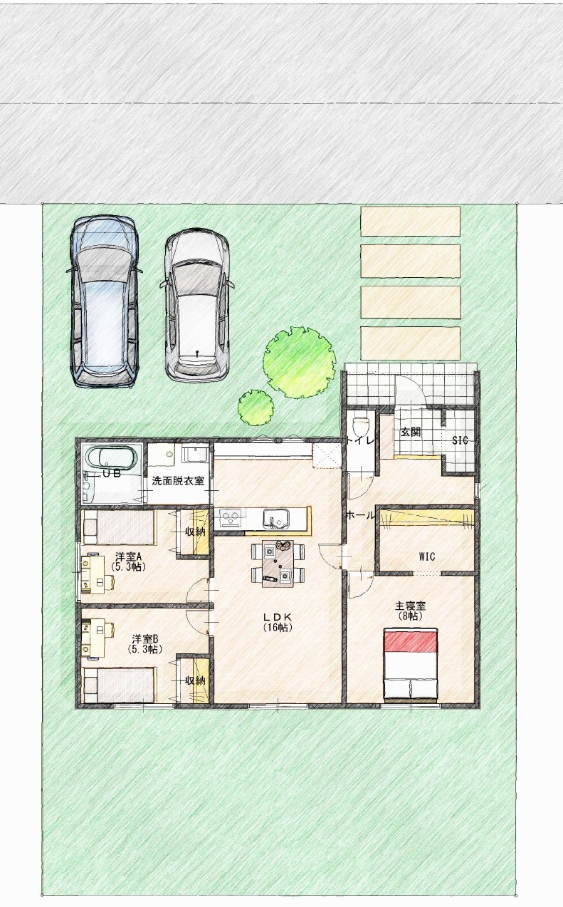 ゆとりある敷地に南に広くスペースをとることができ、駐車場もゆったり駐車。平屋ならではの家族が自然と集う間取りになっています。